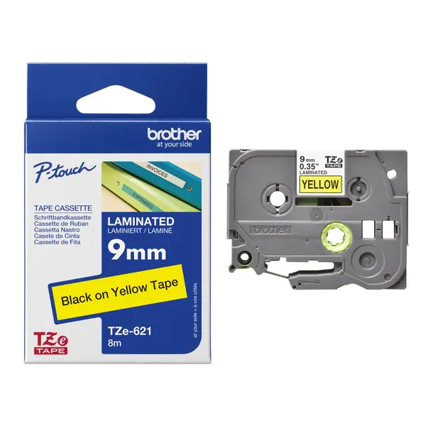 35116-2 Vrpca   9mm x 8m BROTHER TZE621 crni tekst/žuta vrpca