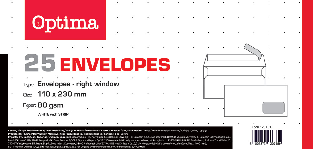 241747-EC Kuverta 11x23 ABT/PD strip bijela 80gr. OPTIMA OFFICE 23161 25/1 P20