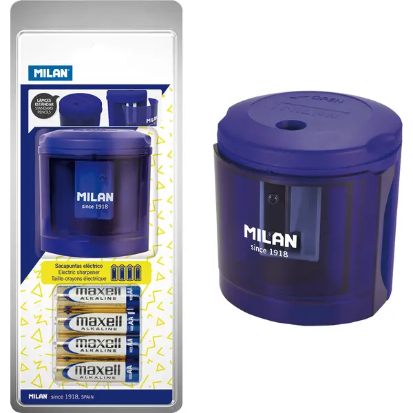 234263-EC Šiljilo električno MILAN + 4 baterije blister plavo acid P12/36
