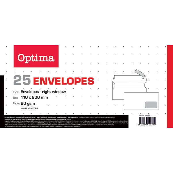 241747-EC Kuverta 11x23 ABT/PD strip bijela 80gr. OPTIMA OFFICE 23161 25/1 P20