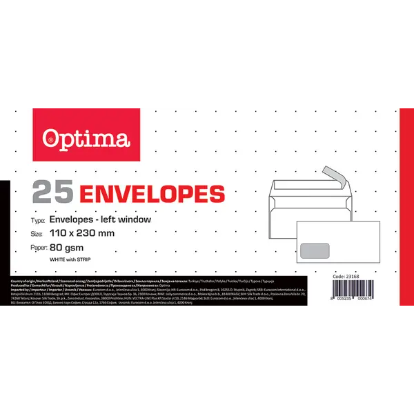 241748-EC Kuverta 11x23 ABT/PL strip bijela 80gr. OPTIMA OFFICE 23168 25/1 P20