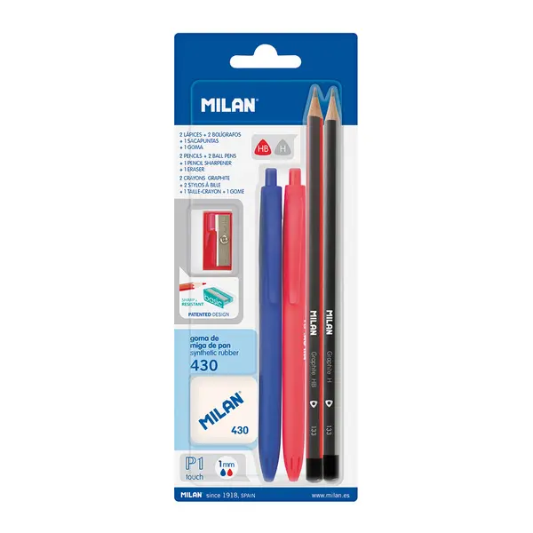 243147-EC Set MILAN ol.grafX2:HB/H+crvena i plava ol.kem+šiljilo+gumica 430 blister P25