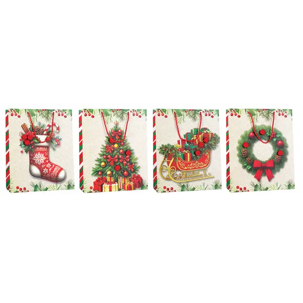249244-EC Vrećica L exclusive Božić hot stamp folija pom-pom 26x32x12 P12/240