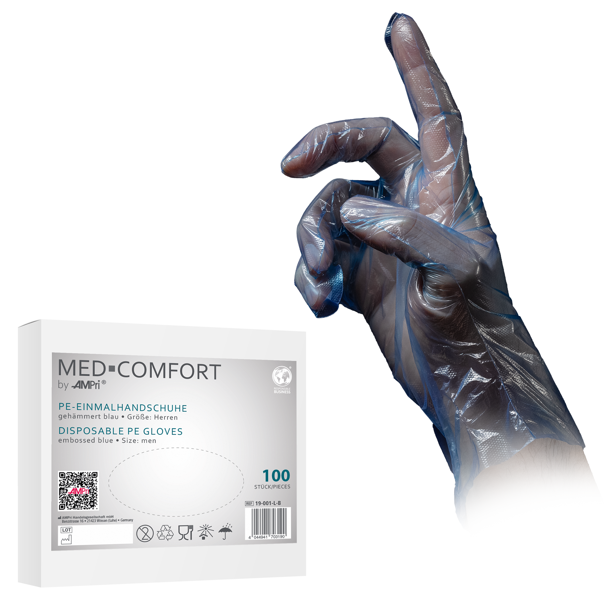 19-001-L-B Rukavice Med-Comfort PE plave L300 mm 100/1
