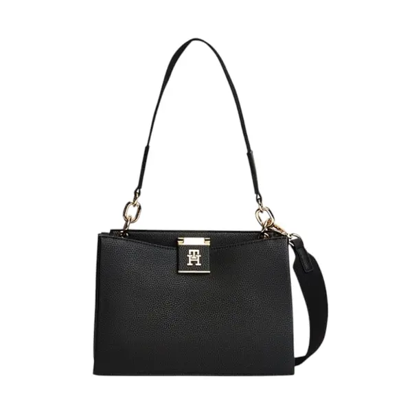 AW0AW17722-BDS-001 TOMMY HILFIGER TH HER MED SATCHEL ZENSKA TORBA CRNA STRUKTURIRANA RUCE RAMENI REMEN GOLD LOGO
