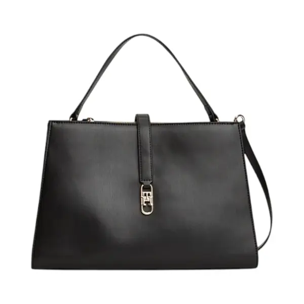 AW0AW17724-BDS-001 TOMMY HILFIGER TH LIBRE MED SATCHEL ZENSKA TORBA CRNA STRUKTURIRANA KRATKE RUCKE REMEN GOLD LOGO