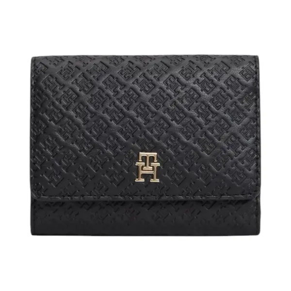 AW0AW18484-BDS TOMMY HILFIGER ICON TRIFOLD MONO ZENSKI NOVCANIK CRNI NA TROSTRUKI PREKLOP UTISNUTI MONOGRAMI GOLD LOGO