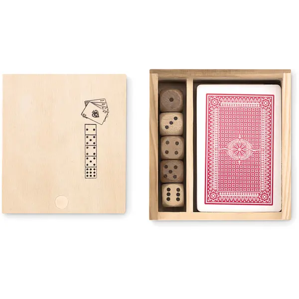 239298-EC Igra društvena set igraće karte i kockice Las Vegas u drvenoj kutiji 10x9x2 cm