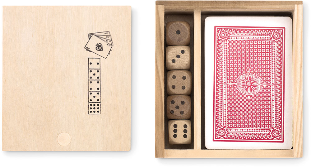239298-EC Igra društvena set igraće karte i kockice Las Vegas u drvenoj kutiji 10x9x2 cm